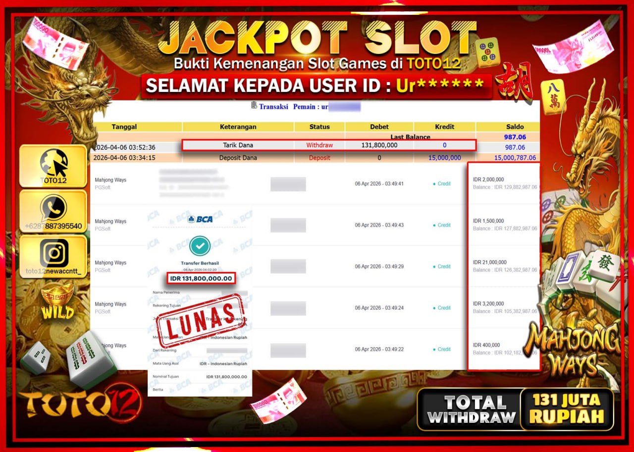 HANYA DI TOTO12 JP PASTI DI BAYAR LUNAS DAN CEPAT!!!!!! JACKPOT SLOT GAME (MAHJONG WAYS) Rp.131.800.000!!!!
