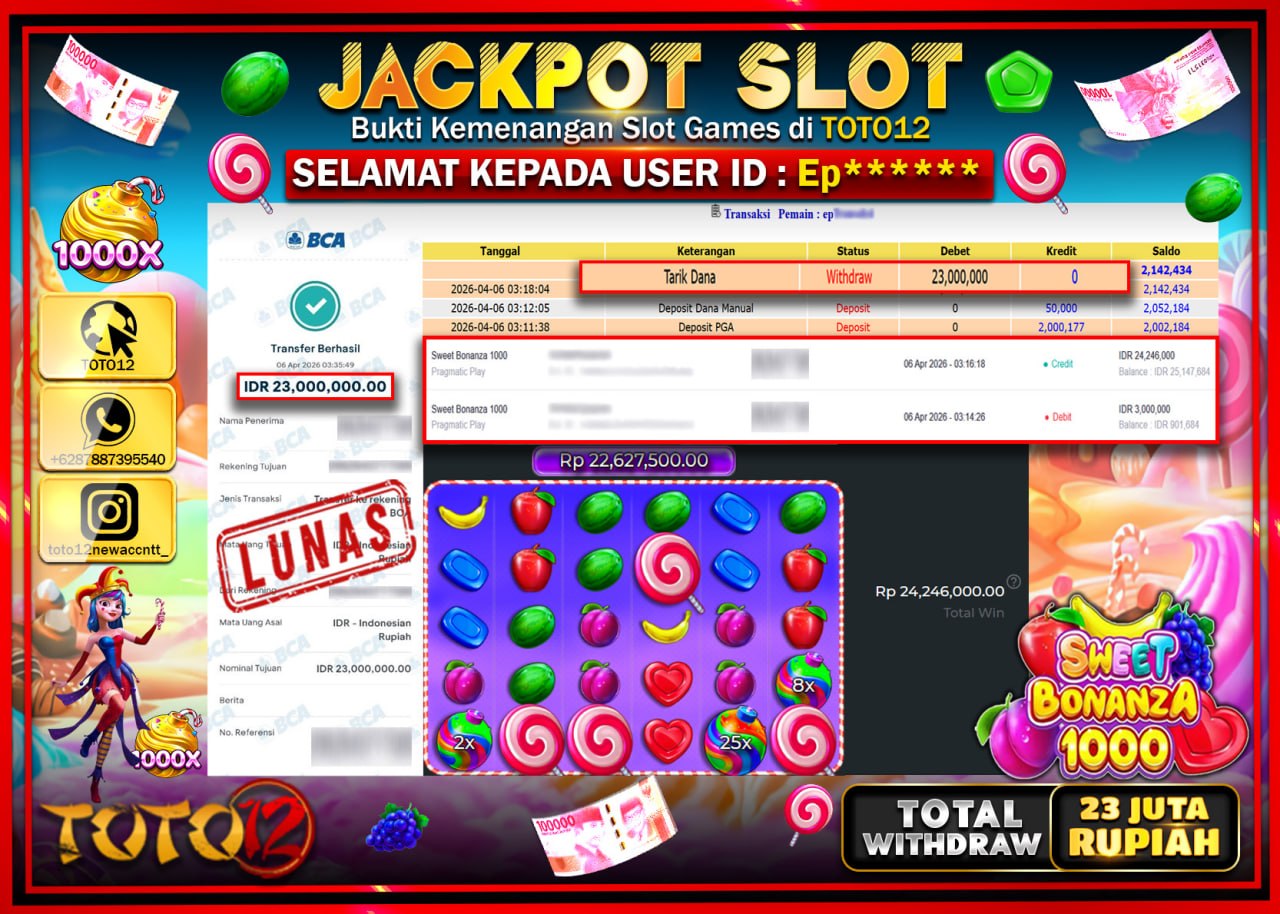 HANYA DI TOTO12 JP PASTI DI BAYAR LUNAS DAN CEPAT!!!!!! JACKPOT SLOT GAME (SWEET BONANZA 1000) Rp.23.000.000!!!!
