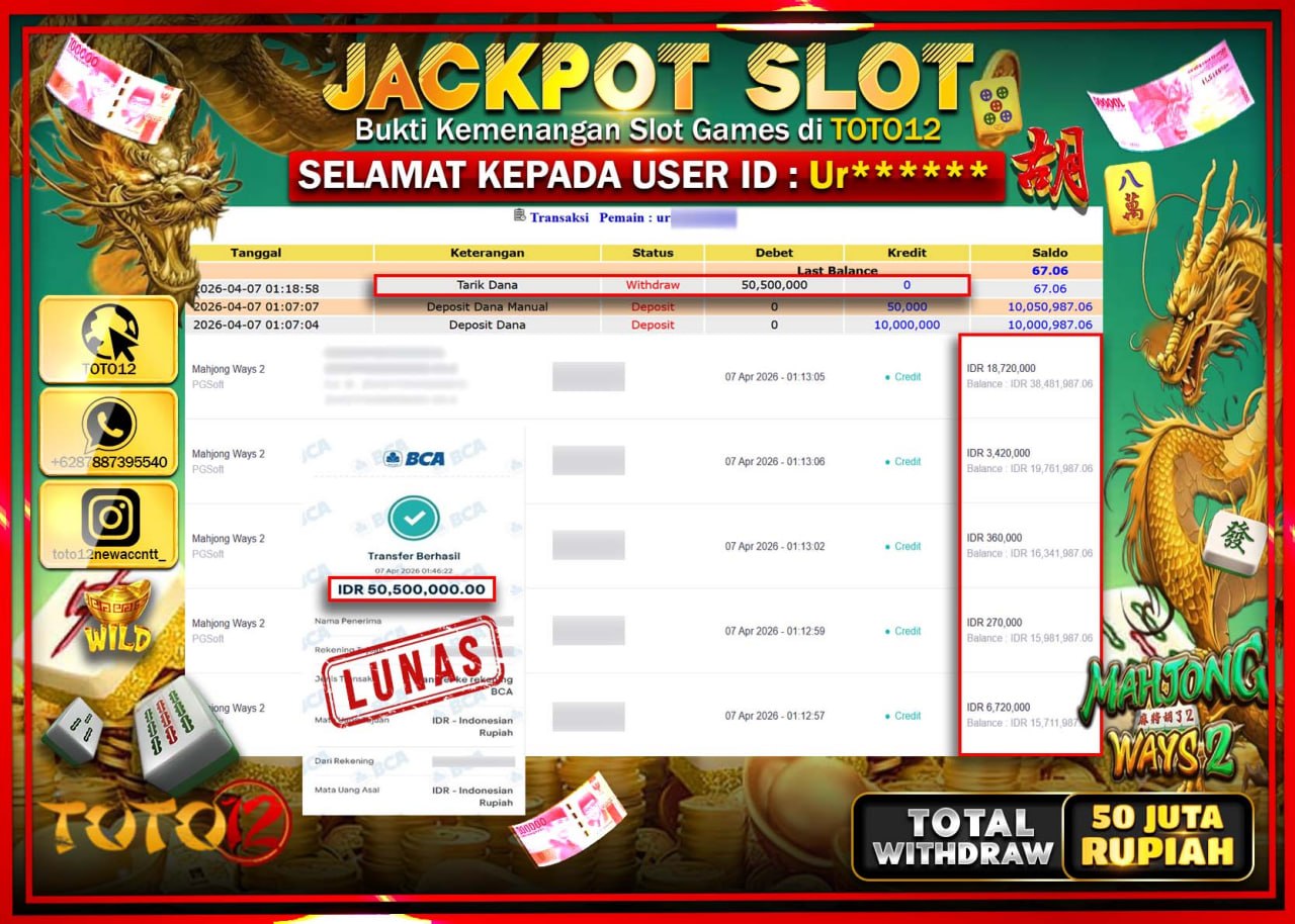 HANYA DI TOTO12 JP PASTI DI BAYAR LUNAS DAN CEPAT!!!!!! JACKPOT SLOT GAME (MAHJONG WAYS 2) Rp.50.500.000!!!!