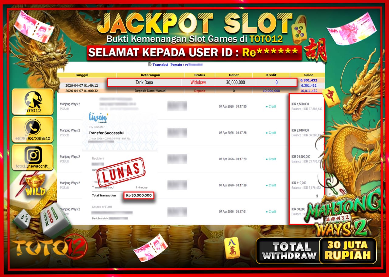 HANYA DI TOTO12 JP PASTI DI BAYAR LUNAS DAN CEPAT!!!!!! JACKPOT SLOT GAME (MAHJONG WAYS 2) Rp.30.000.000!!!!