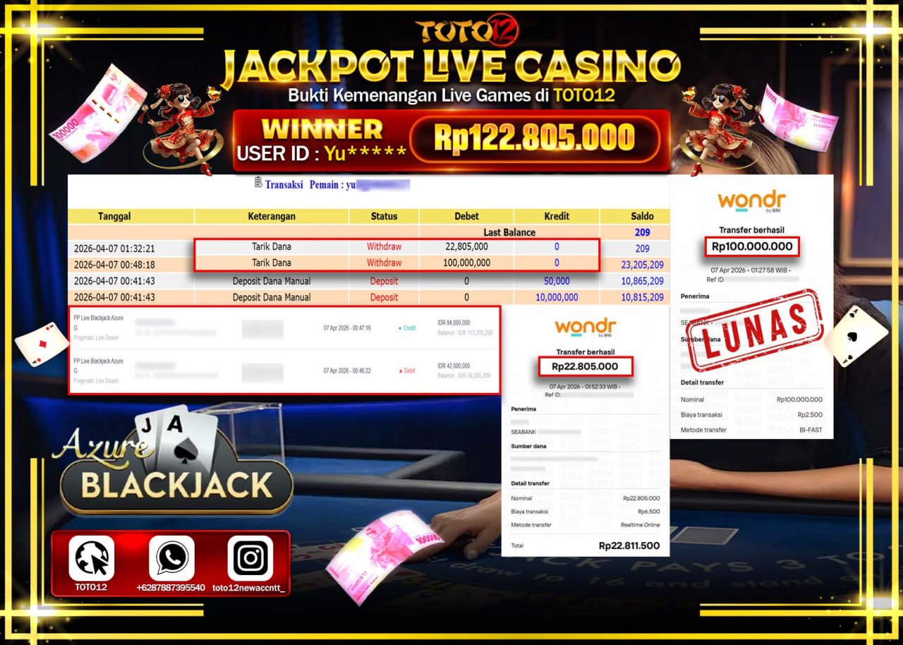HANYA DI TOTO12 JP PASTI DI BAYAR LUNAS DAN CEPAT!!!!!! JACKPOT LIVE GAMES CASINO (PP LIVE BLACKJACK AZURE) Rp.122.805.000!!!!