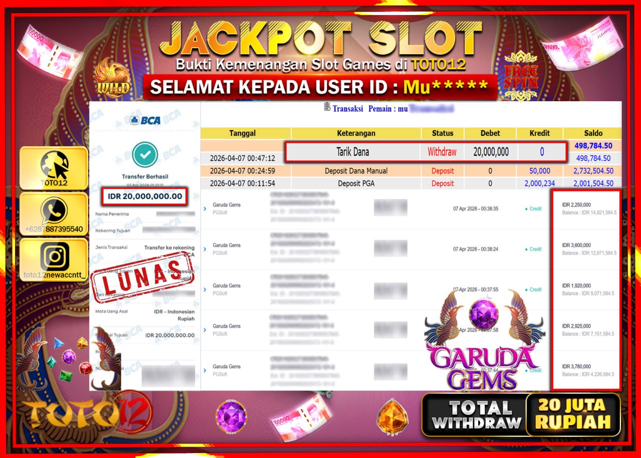 HANYA DI TOTO12 JP PASTI DI BAYAR LUNAS DAN CEPAT!!!!!! JACKPOT SLOT GAME (GARUDA GEMS) Rp.20.000.000!!!!