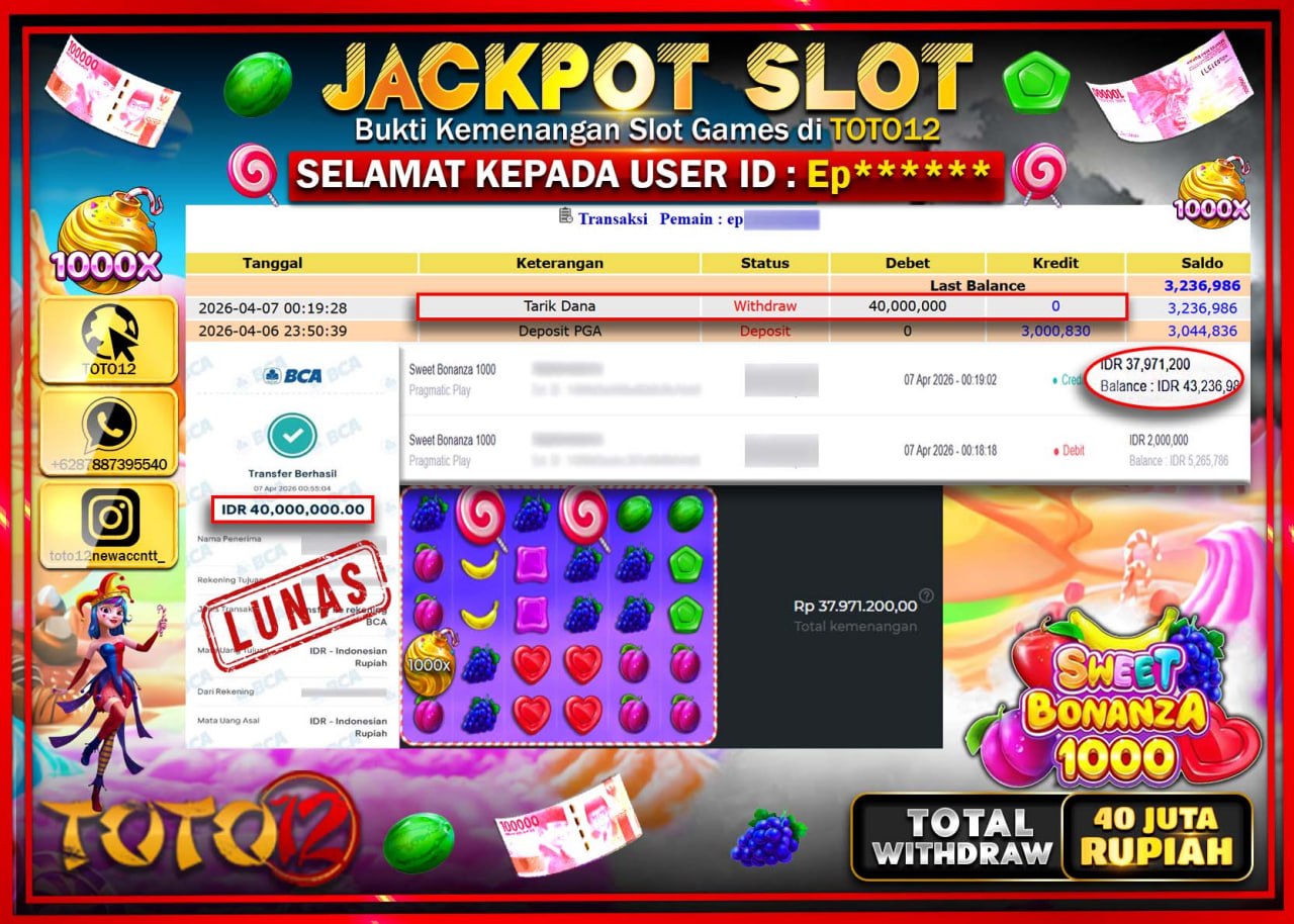 HANYA DI TOTO12 JP PASTI DI BAYAR LUNAS DAN CEPAT!!!!!! JACKPOT SLOT GAME (SWEET BONANZA 1000) Rp.40.000.000!!!!