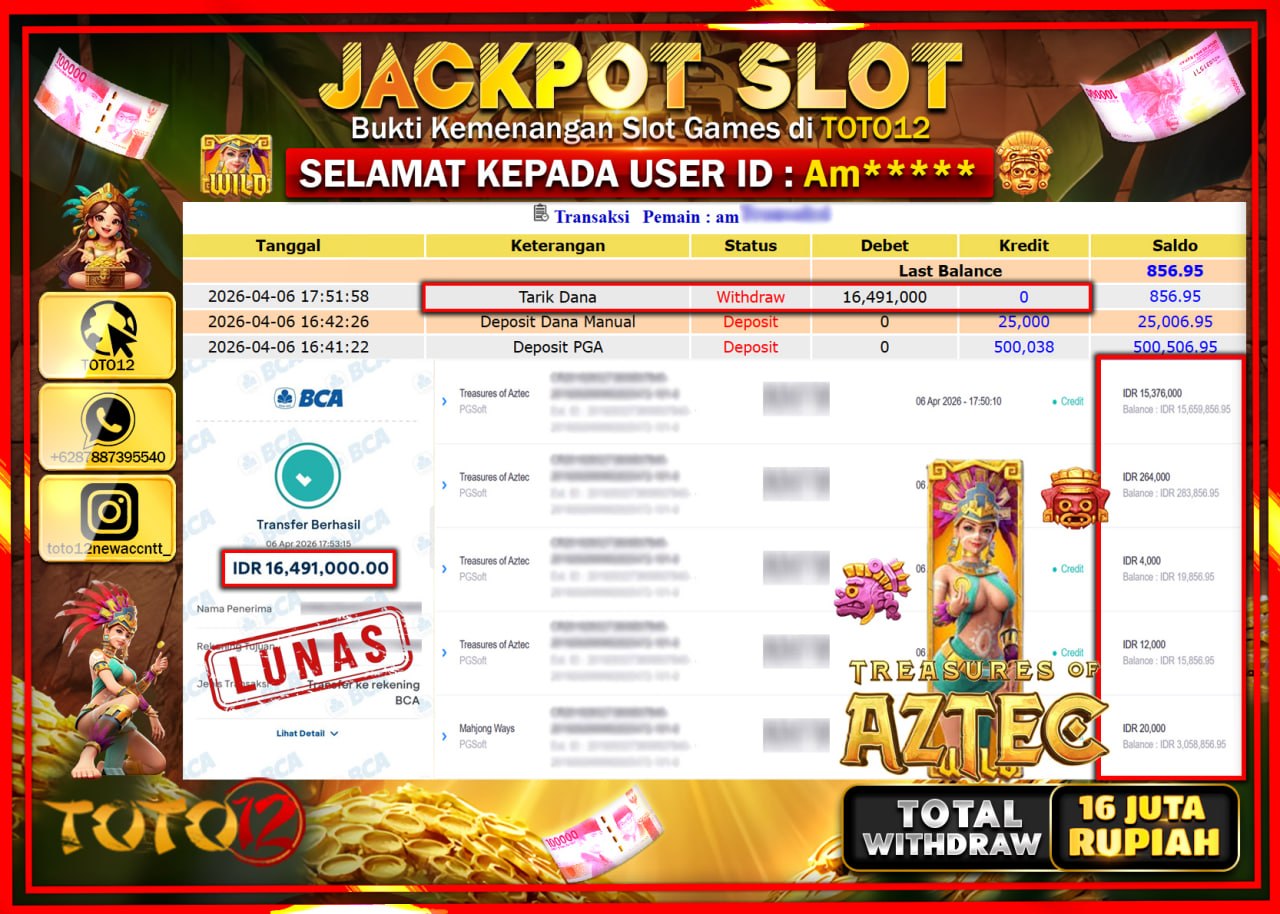 HANYA DI TOTO12 JP PASTI DI BAYAR LUNAS DAN CEPAT!!!!!! JACKPOT SLOT GAME (TREASURES OF AZTEC) Rp.16.491.000!!!!