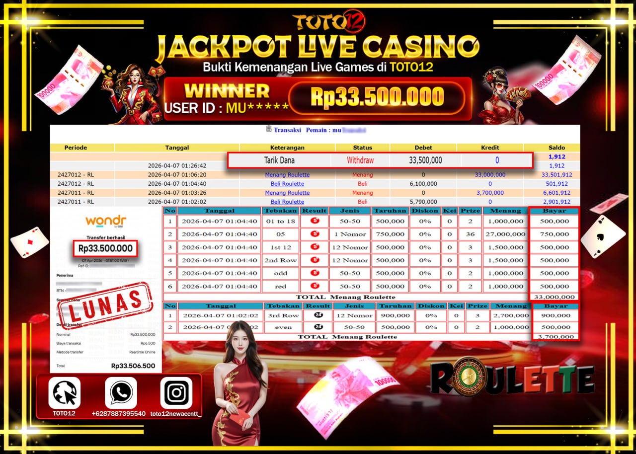 HANYA DI TOTO12 JP PASTI DI BAYAR LUNAS DAN CEPAT!!!!!! JACKPOT LIVE GAMES CASINO (ROULETTE) Rp.33.500.000!!!!