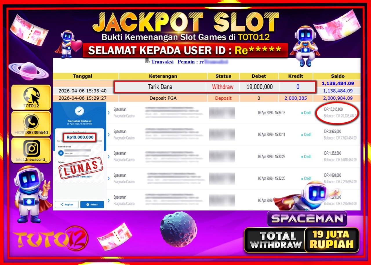 HANYA DI TOTO12 JP PASTI DI BAYAR LUNAS DAN CEPAT!!!!!! JACKPOT SLOT GAME (SPACEMAN) Rp.19.000.000!!!!