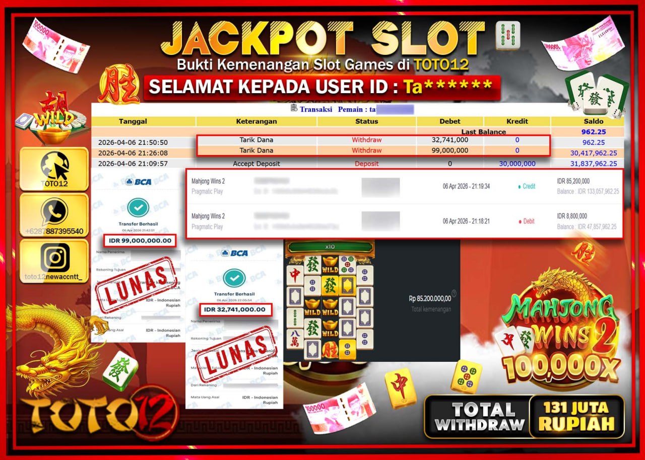 HANYA DI TOTO12 JP PASTI DI BAYAR LUNAS DAN CEPAT!!!!!! JACKPOT SLOT GAME (MAHJONG WINS 2) Rp.131.741.000!!!!