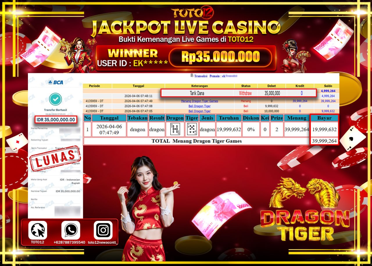 HANYA DI TOTO12 JP PASTI DI BAYAR LUNAS DAN CEPAT!!!!!! JACKPOT LIVE GAMES CASINO (DRAGON TIGER) Rp.35.000.000!!!!