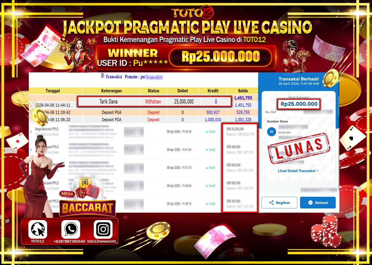 HANYA DI TOTO12 JP PASTI DI BAYAR LUNAS DAN CEPAT!!!!!! JACKPOT PRAGMATIC PLAY LIVE GAME CASINO (MEGA BACCARAT PPLD) Rp.25.000.000!!!!