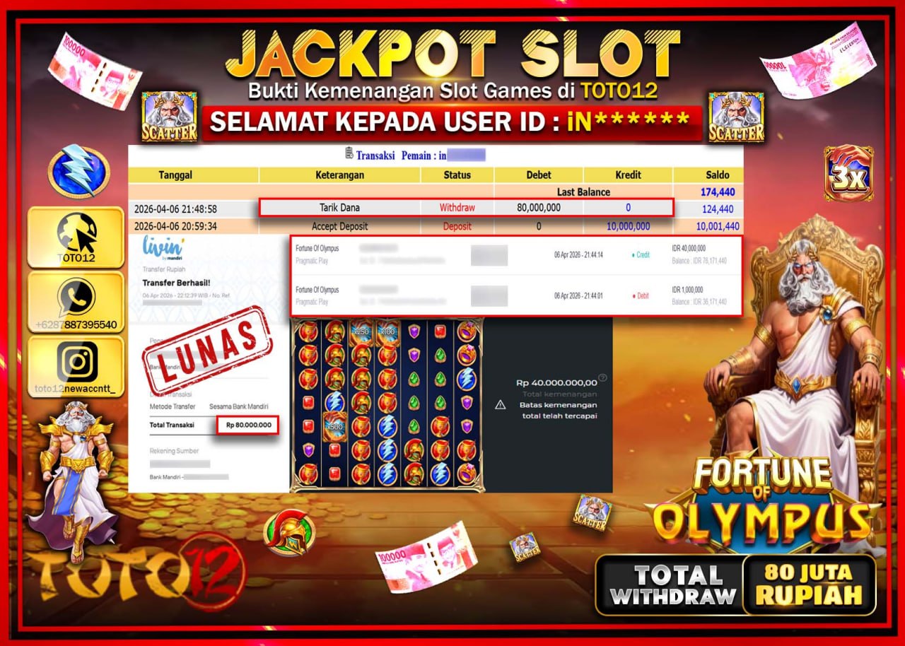 HANYA DI TOTO12 JP PASTI DI BAYAR LUNAS DAN CEPAT!!!!!! JACKPOT SLOT GAME (FORTUNE OF OLYMPUS) Rp.80.000.000!!!!