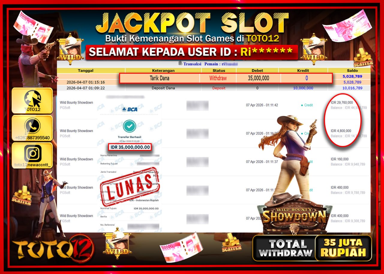HANYA DI TOTO12 JP PASTI DI BAYAR LUNAS DAN CEPAT!!!!!! JACKPOT SLOT GAME (WILD BOUNTY SHOWDOWN) Rp.35.000.000!!!!