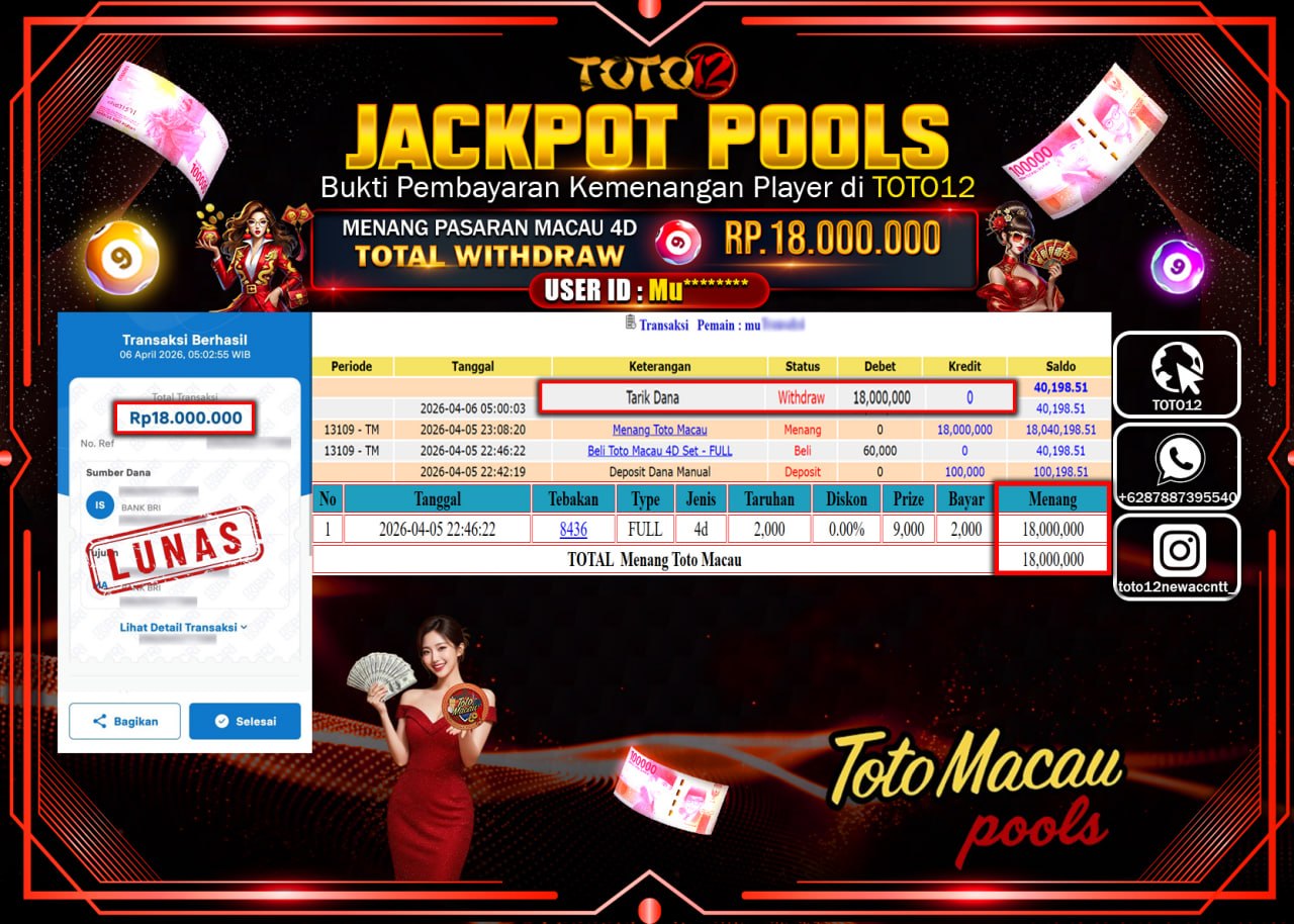 HANYA DI TOTO12 JP PASTI DI BAYAR LUNAS DAN CEPAT!!!!!! JACKPOT POOLS PASARAN (MACAU 4D) Rp.18.000.000!!!!