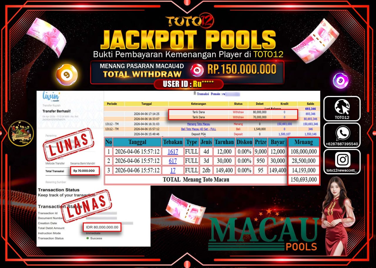 HANYA DI TOTO12 JP PASTI DI BAYAR LUNAS DAN CEPAT!!!!!! JACKPOT POOLS PASARAN(MACAU 4D) Rp.150.000.000!!!!