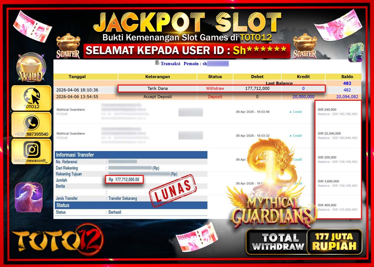 HANYA DI TOTO12 JP PASTI DI BAYAR LUNAS DAN CEPAT!!!!!! JACKPOT SLOT GAME (MYTHICAL GUARDIANS) Rp.177.712.000!!!!