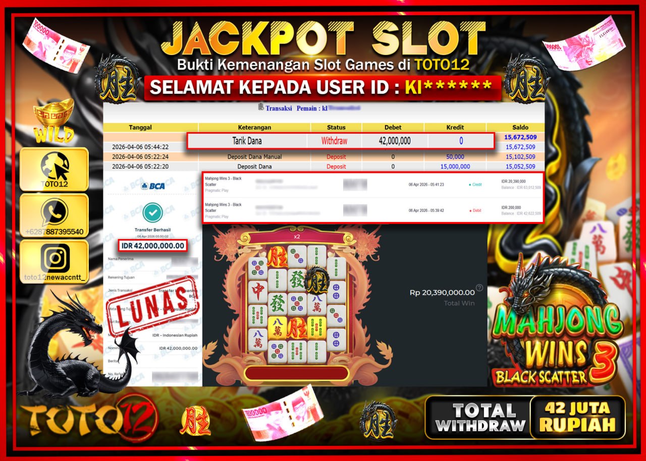 HANYA DI TOTO12 JP PASTI DI BAYAR LUNAS DAN CEPAT!!!!!! JACKPOT SLOT GAME (MAHJONG WINS 3 BLACK SCATTER) Rp.42.000.000!!!!