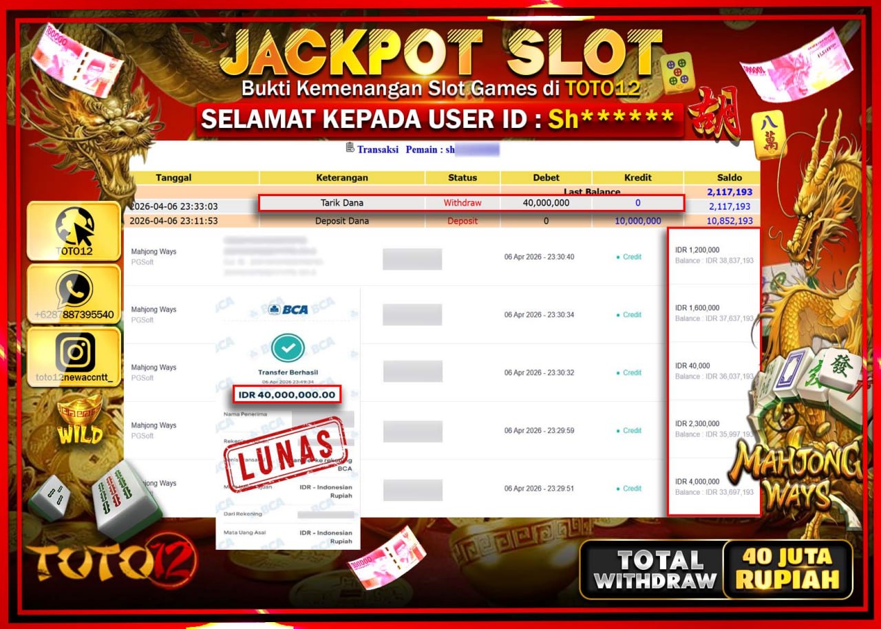 HANYA DI TOTO12 JP PASTI DI BAYAR LUNAS DAN CEPAT!!!!!! JACKPOT SLOT GAME (MAHJONG WAYS) Rp.40.000.000!!!!