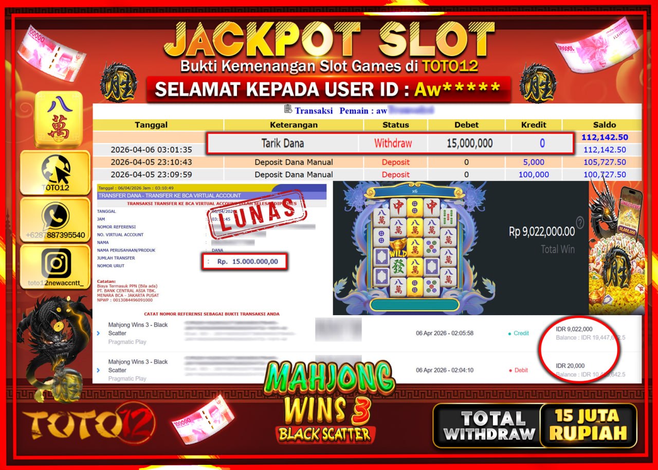 HANYA DI TOTO12 JP PASTI DI BAYAR LUNAS DAN CEPAT!!!!!! JACKPOT SLOT GAME (MAHJONG WINS 3 BLACK SCATTER) Rp.15.000.000!!!!