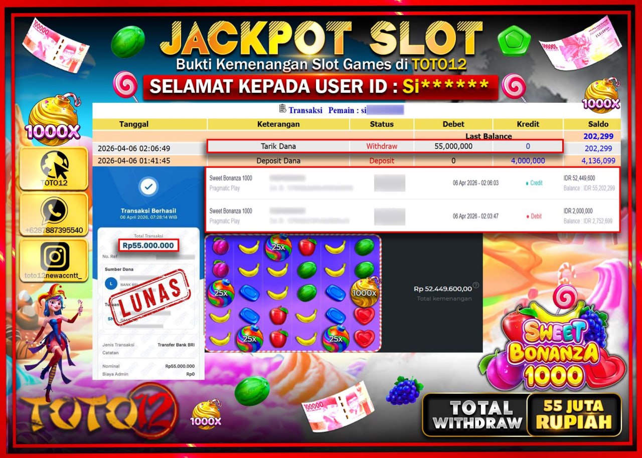 HANYA DI TOTO12 JP PASTI DI BAYAR LUNAS DAN CEPAT!!!!!! JACKPOT SLOT GAME (SWEET BONANZA 1000) Rp.55.000.000!!!!