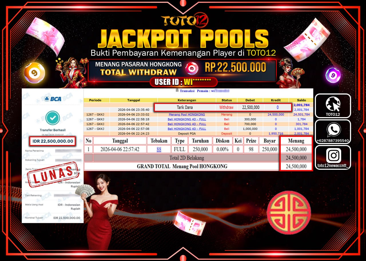 HANYA DI TOTO12 JP PASTI DI BAYAR LUNAS DAN CEPAT!!!!!! JACKPOT POOLS PASARAN( HONGKONG ) Rp.22.500.000!!!!