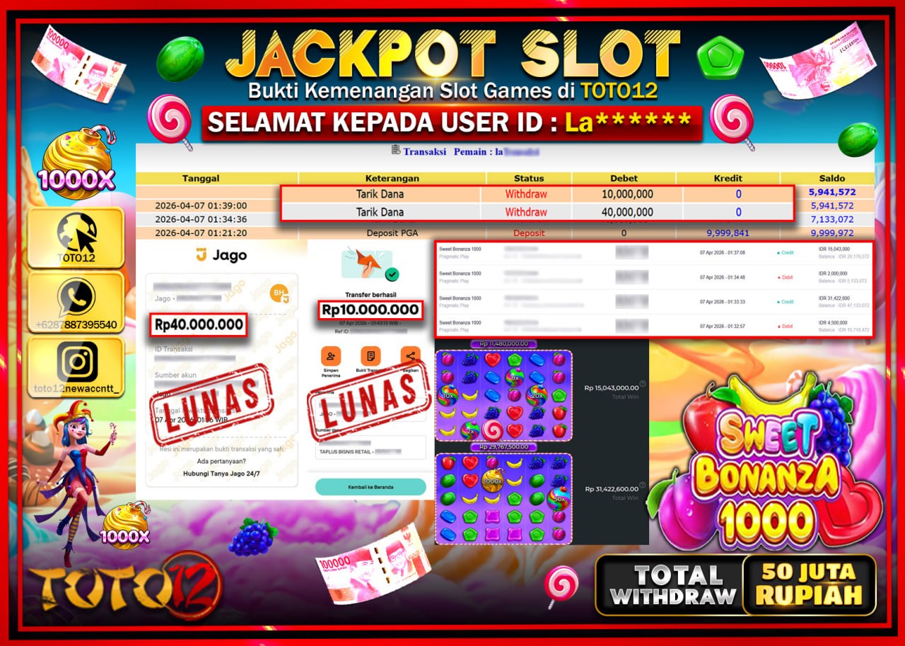 HANYA DI TOTO12 JP PASTI DI BAYAR LUNAS DAN CEPAT!!!!!! JACKPOT SLOT GAME (SWEET BONANZA 1000) Rp.50.000.000!!!!