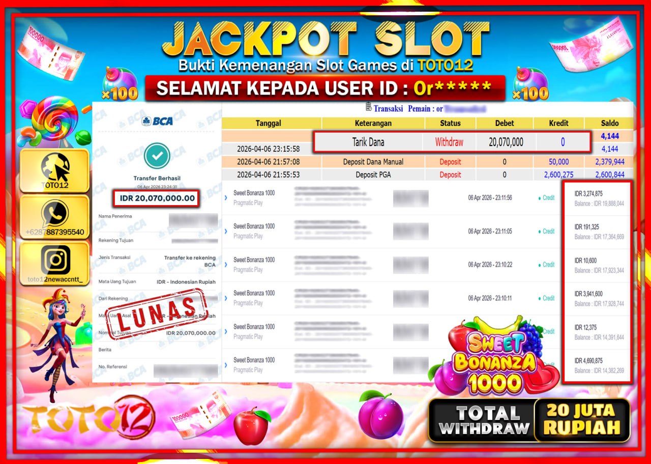 HANYA DI TOTO12 JP PASTI DI BAYAR LUNAS DAN CEPAT!!!!!! JACKPOT SLOT GAME (SWEET BONANZA 1000) Rp.20.070.000!!!!