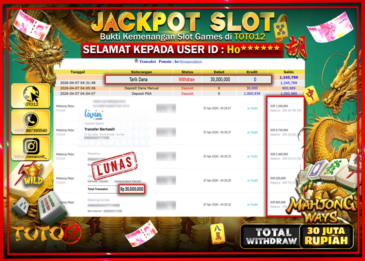 HANYA DI TOTO12 JP PASTI DI BAYAR LUNAS DAN CEPAT!!!!!! JACKPOT SLOT GAME (MAHJONG WAYS) Rp.30.000.000!!!!