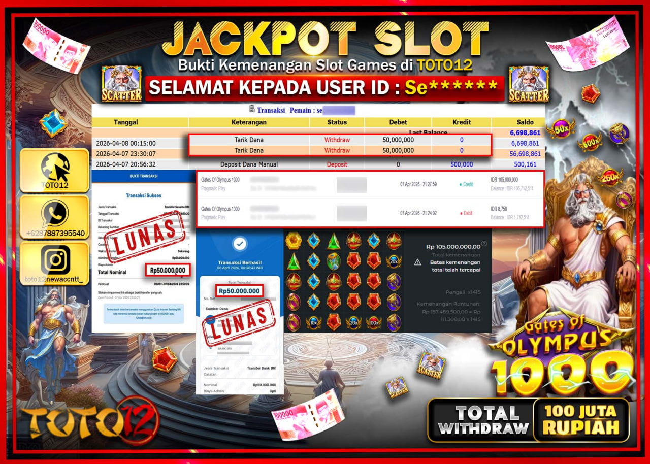 HANYA DI TOTO12 JP PASTI DI BAYAR LUNAS DAN CEPAT!!!!!! JACKPOT SLOT GAME (GATES OF OLYMPUS 1000) Rp.100.000.000!!!!