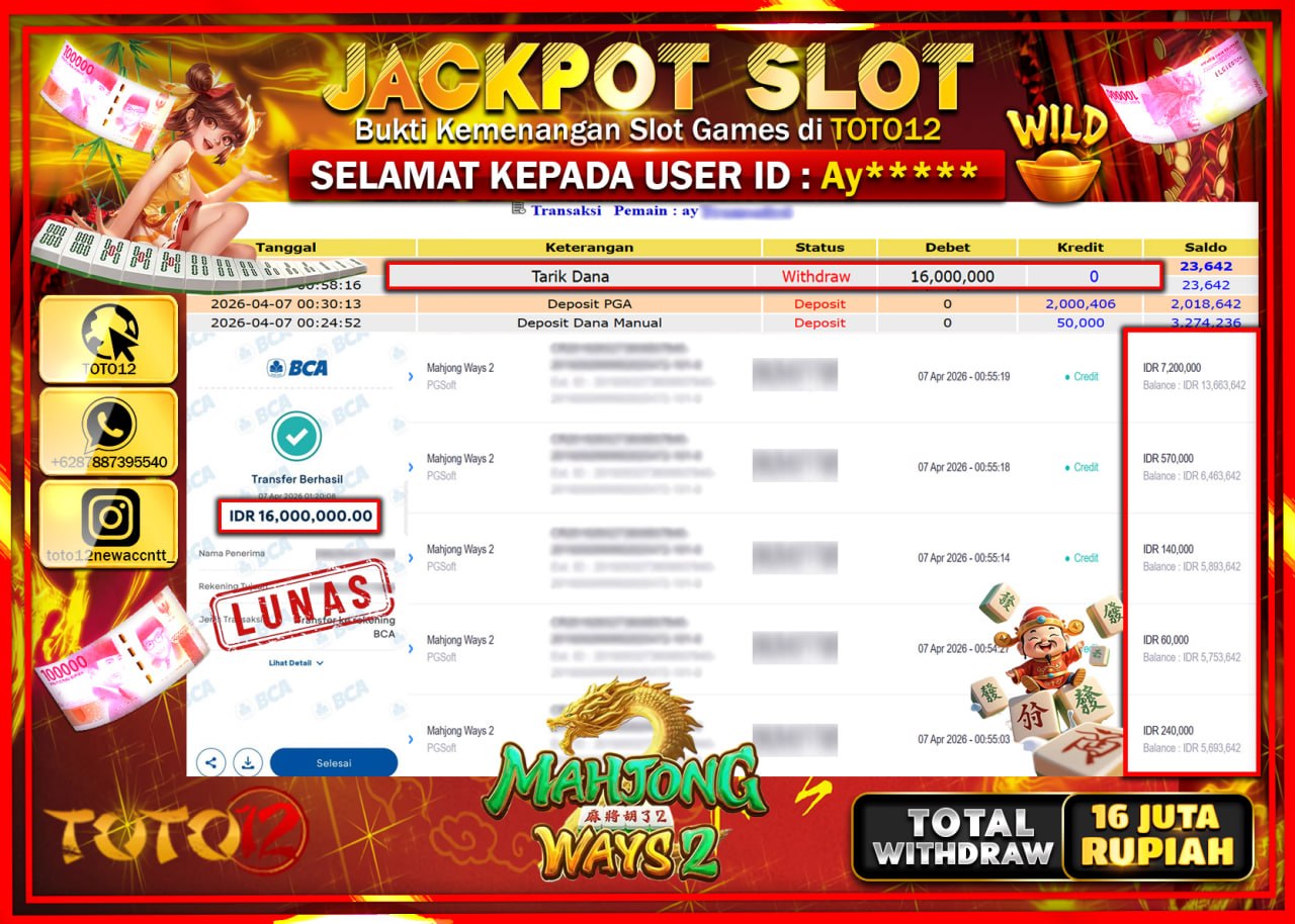 HANYA DI TOTO12 JP PASTI DI BAYAR LUNAS DAN CEPAT!!!!!! JACKPOT SLOT GAME (MAHJONG WAYS 2) Rp.16.000.000!!!!