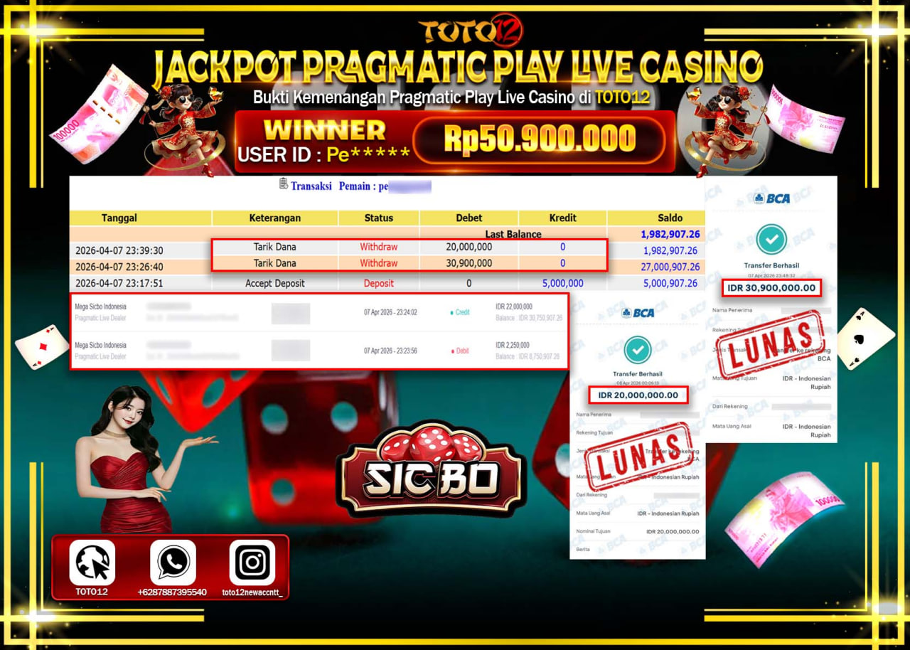 HANYA DI TOTO12 JP PASTI DI BAYAR LUNAS DAN CEPAT!!!!!! JACKPOT PRAGMATIC PLAY LIVE CASINO (MEGA SICBO) Rp.50.900.000!!!!