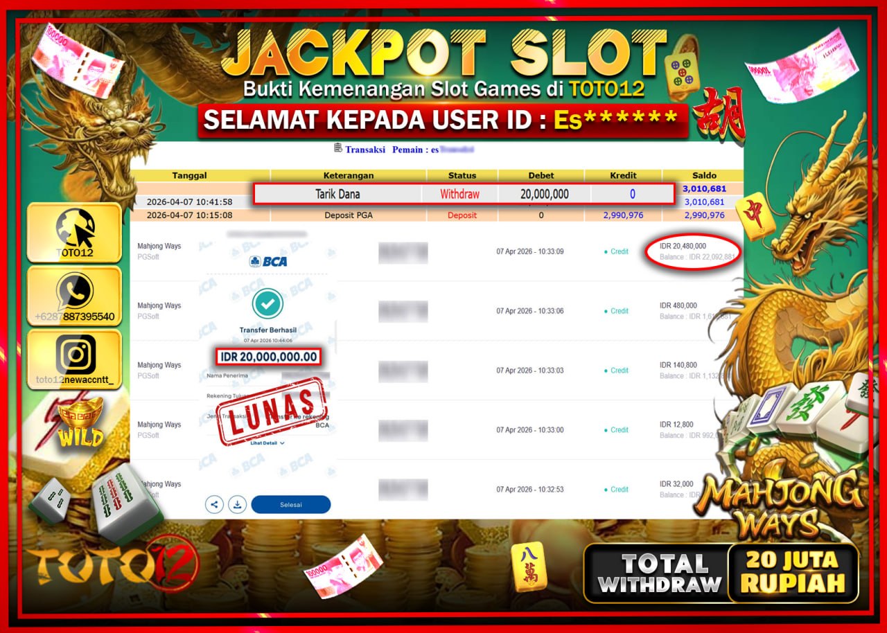 HANYA DI TOTO12 JP PASTI DI BAYAR LUNAS DAN CEPAT!!!!!! JACKPOT SLOT GAME (MAHJONG WAYS) Rp.20.000.000!!!!