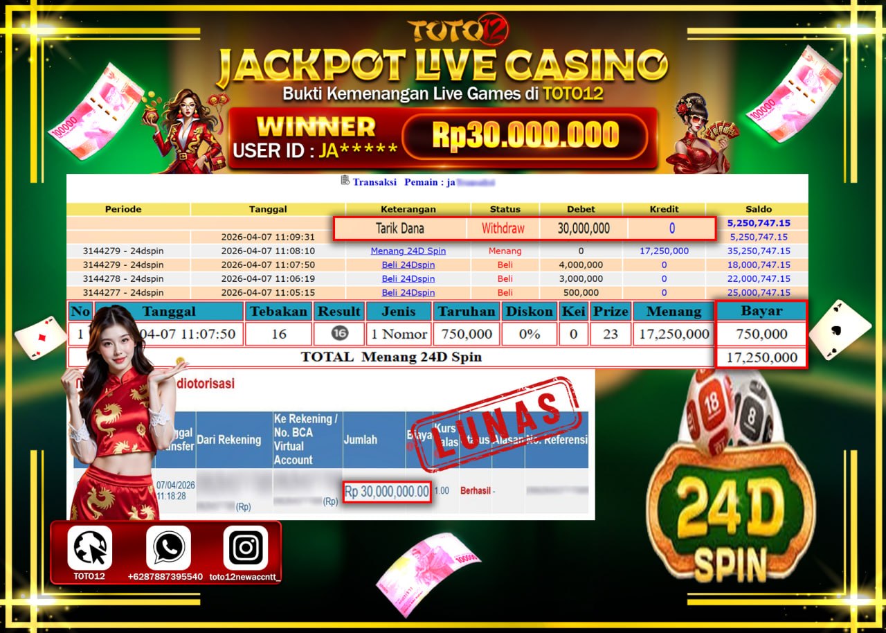 HANYA DI TOTO12 JP PASTI DI BAYAR LUNAS DAN CEPAT!!!!!! JACKPOT LIVE GAMES CASINO (24D SPIN) Rp.30.000.000!!!!