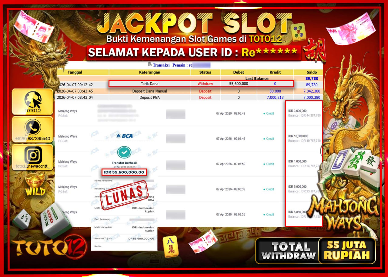 HANYA DI TOTO12 JP PASTI DI BAYAR LUNAS DAN CEPAT!!!!!! JACKPOT SLOT GAME (MAHJONG WAYS) Rp.55.600.000!!!!