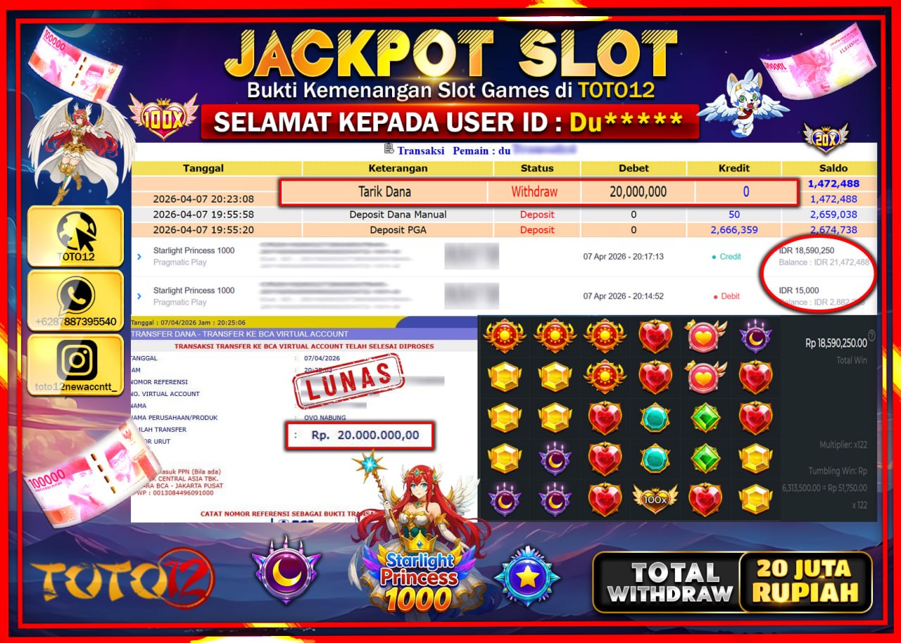 HANYA DI TOTO12 JP PASTI DI BAYAR LUNAS DAN CEPAT!!!!!! JACKPOT SLOT GAME (STARLIGHT PRINCESS 1000) Rp.20.000.000!!!!