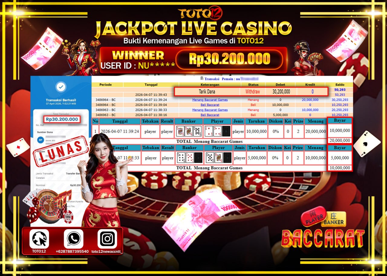 HANYA DI TOTO12 JP PASTI DI BAYAR LUNAS DAN CEPAT!!!!!! JACKPOT LIVE GAMES CASINO (BACCARAT) Rp.30.200.000!!!!