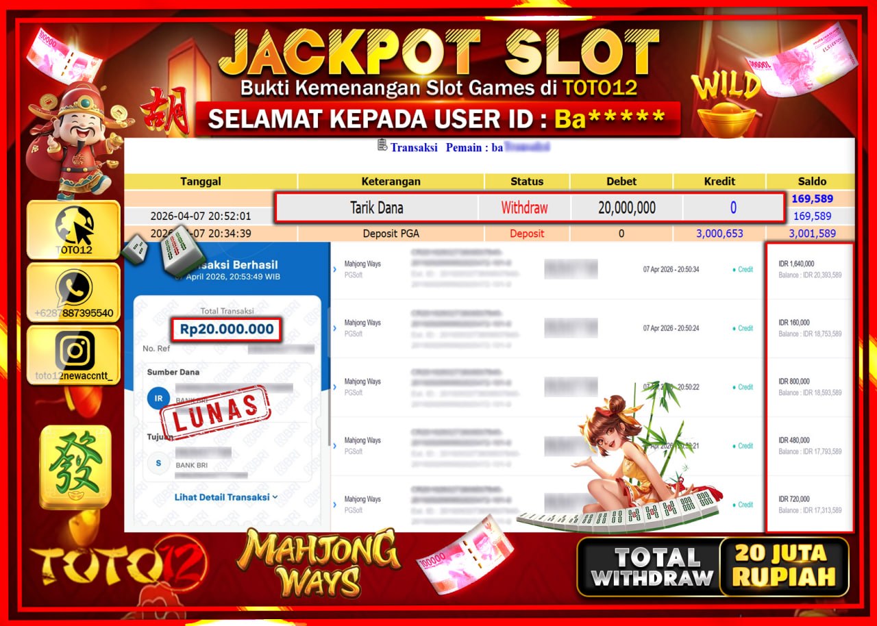 HANYA DI TOTO12 JP PASTI DI BAYAR LUNAS DAN CEPAT!!!!!! JACKPOT SLOT GAME (MAHJONG WAYS) Rp.20.000.000!!!!