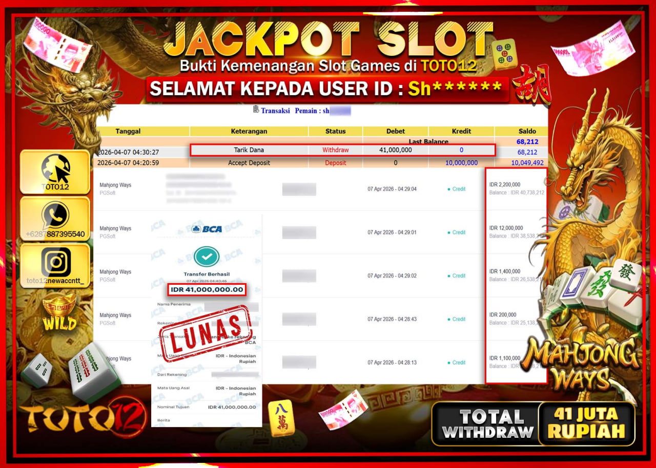 HANYA DI TOTO12 JP PASTI DI BAYAR LUNAS DAN CEPAT!!!!!! JACKPOT SLOT GAME (MAHJONG WAYS) Rp.41.000.000!!!!
