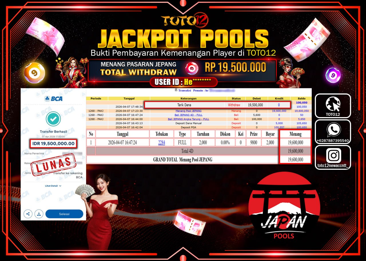 HANYA DI TOTO12 JP PASTI DI BAYAR LUNAS DAN CEPAT!!!!!! JACKPOT POOLS PASARAN (JEPANG) Rp.19.500.000!!!!