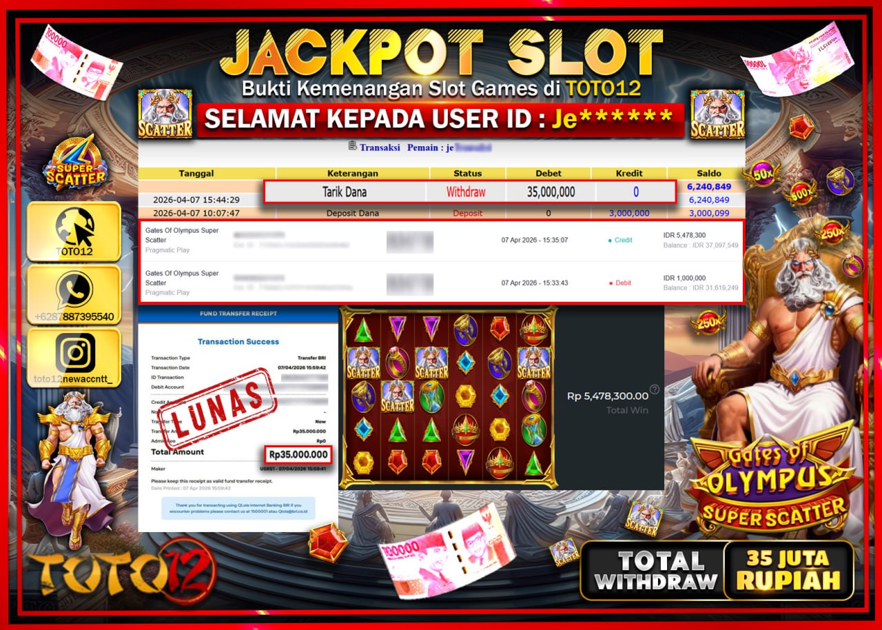HANYA DI TOTO12 JP PASTI DI BAYAR LUNAS DAN CEPAT!!!!!! JACKPOT SLOT GAME (GATES OF OLYMPUS SUPER SCATTER) Rp.35.000.000!!!!