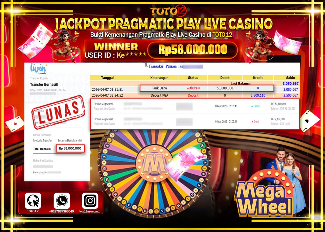 HANYA DI TOTO12 JP PASTI DI BAYAR LUNAS DAN CEPAT!!!!!! JACKPOT PRAGMATIC PLAY LIVE CASINO (MEGA WHEEL) Rp.58.000.000!!!!