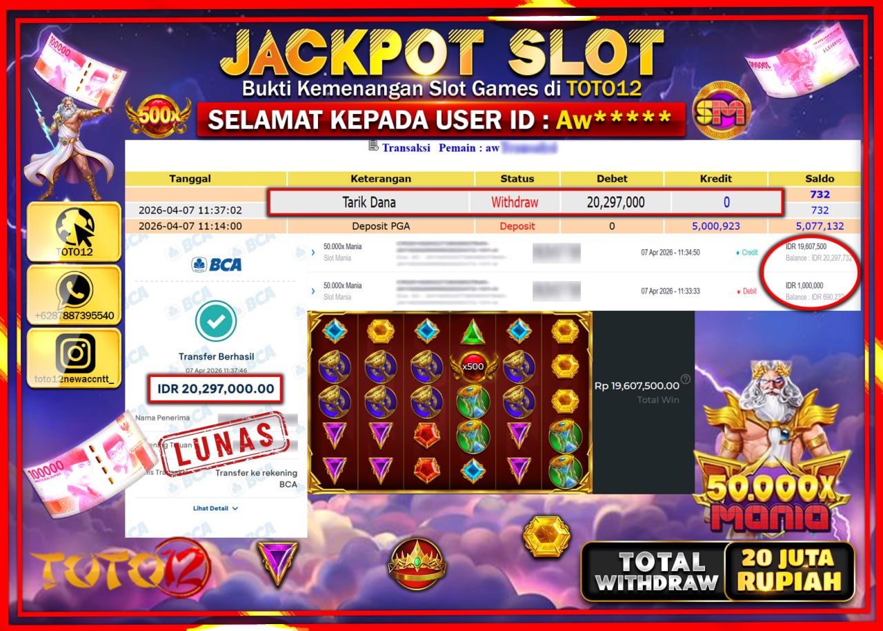 HANYA DI TOTO12 JP PASTI DI BAYAR LUNAS DAN CEPAT!!!!!! JACKPOT SLOT GAME (50.000X MANIA) Rp.20.297.000!!!!