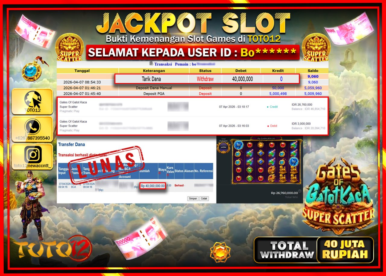HANYA DI TOTO12 JP PASTI DI BAYAR LUNAS DAN CEPAT!!!!!! JACKPOT SLOT GAME (GATES OF GATOT KACA SUPER SCATTER) Rp.40.000.000!!!!
