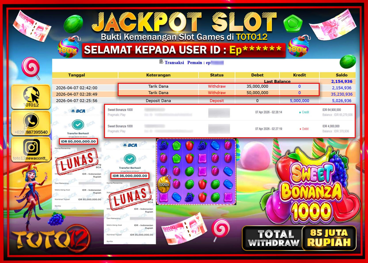 HANYA DI TOTO12 JP PASTI DI BAYAR LUNAS DAN CEPAT!!!!!! JACKPOT SLOT GAME (SWEET BONANZA 1000) Rp.85.000.000!!!!