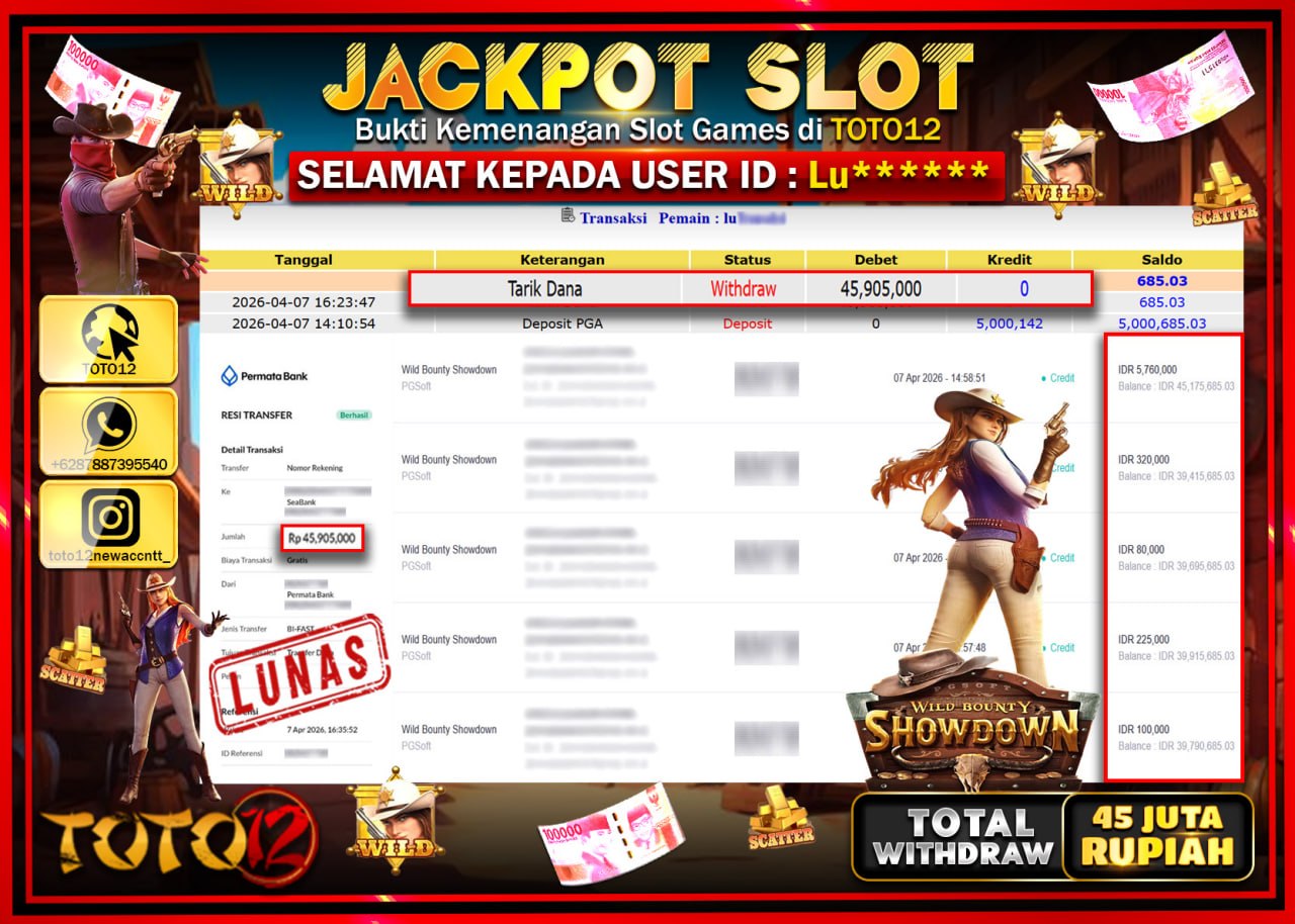 HANYA DI TOTO12 JP PASTI DI BAYAR LUNAS DAN CEPAT!!!!!! JACKPOT SLOT GAME (WILD BOUNTY SHOWDOWN) Rp.45.905.000!!!!