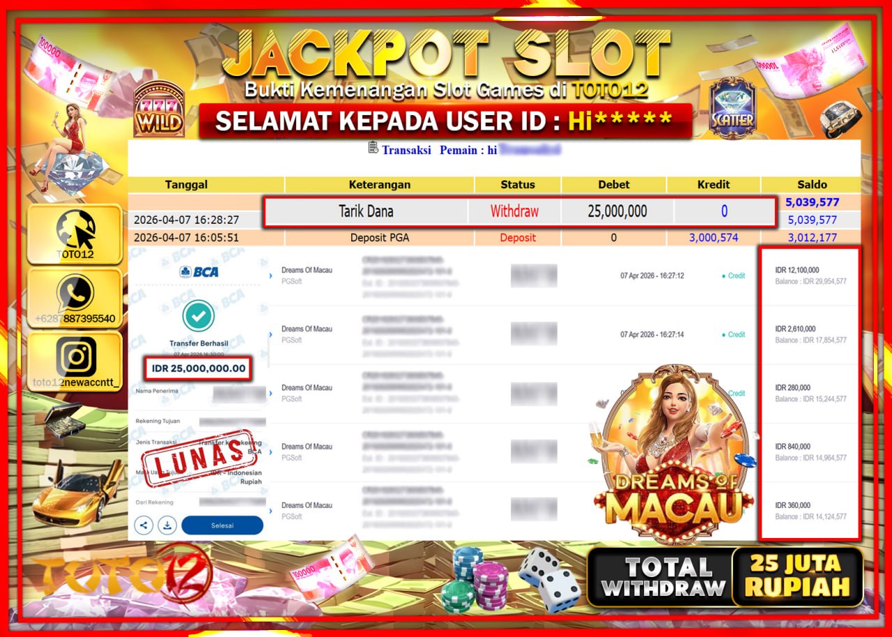HANYA DI TOTO12 JP PASTI DI BAYAR LUNAS DAN CEPAT!!!!!! JACKPOT SLOT GAME (DRAMS OF MACAU) Rp.25.000.000!!!!