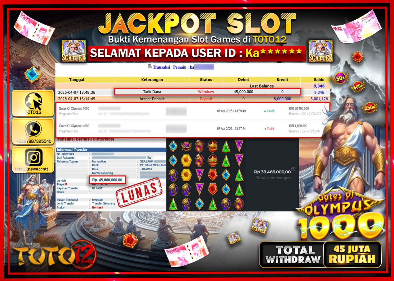 HANYA DI TOTO12 JP PASTI DI BAYAR LUNAS DAN CEPAT!!!!!! JACKPOT SLOT GAME (GATES OF OLYMPUS 1000) Rp.45.000.000!!!!