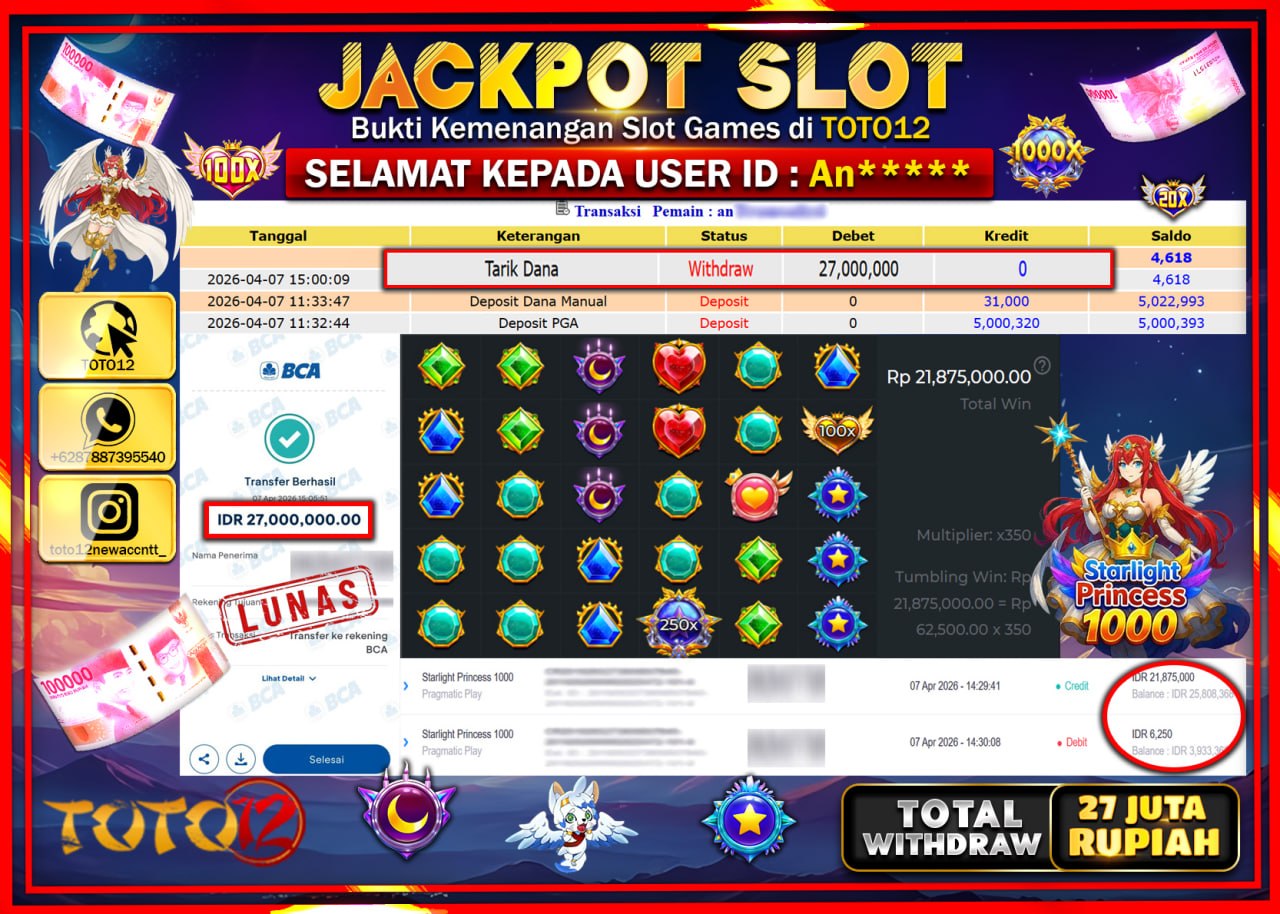 HANYA DI TOTO12 JP PASTI DI BAYAR LUNAS DAN CEPAT!!!!!! JACKPOT SLOT GAME (STARLIGHT PRINCESS 1000) Rp.27.000.000!!!!