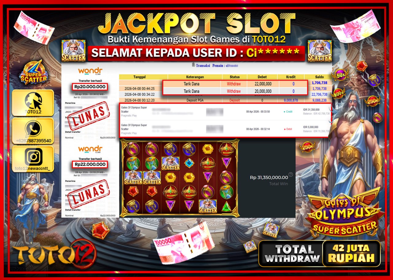 HANYA DI TOTO12 JP PASTI DI BAYAR LUNAS DAN CEPAT!!!!!! JACKPOT SLOT GAME (GATES OF OLYMPUS SUPER SCATTER) Rp.42.000.000!!!!