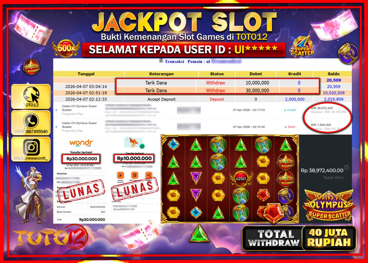 HANYA DI TOTO12 JP PASTI DI BAYAR LUNAS DAN CEPAT!!!!!! JACKPOT SLOT GAME (GATES OF OLYMPUS SUPER SCATTER) Rp.40.000.000!!!!