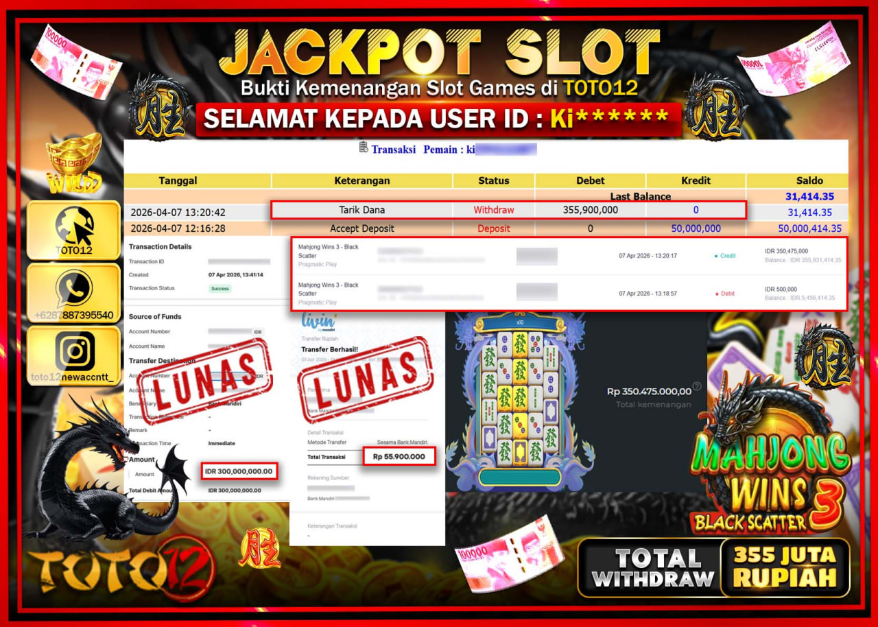 HANYA DI TOTO12 JP PASTI DI BAYAR LUNAS DAN CEPAT!!!!!! JACKPOT SLOT GAME (MAHJONG 3 WINS BLACK SCATTER) Rp.355.900.000!!!!