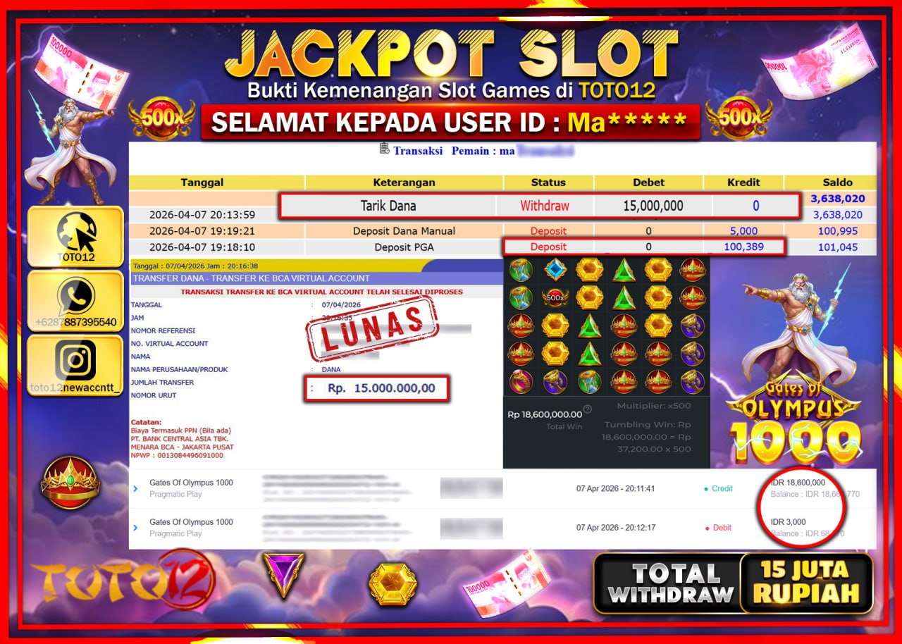 HANYA DI TOTO12 JP PASTI DI BAYAR LUNAS DAN CEPAT!!!!!! JACKPOT SLOT GAME (GATES OF OLYMPUS 1000) Rp.15.000.000!!!!